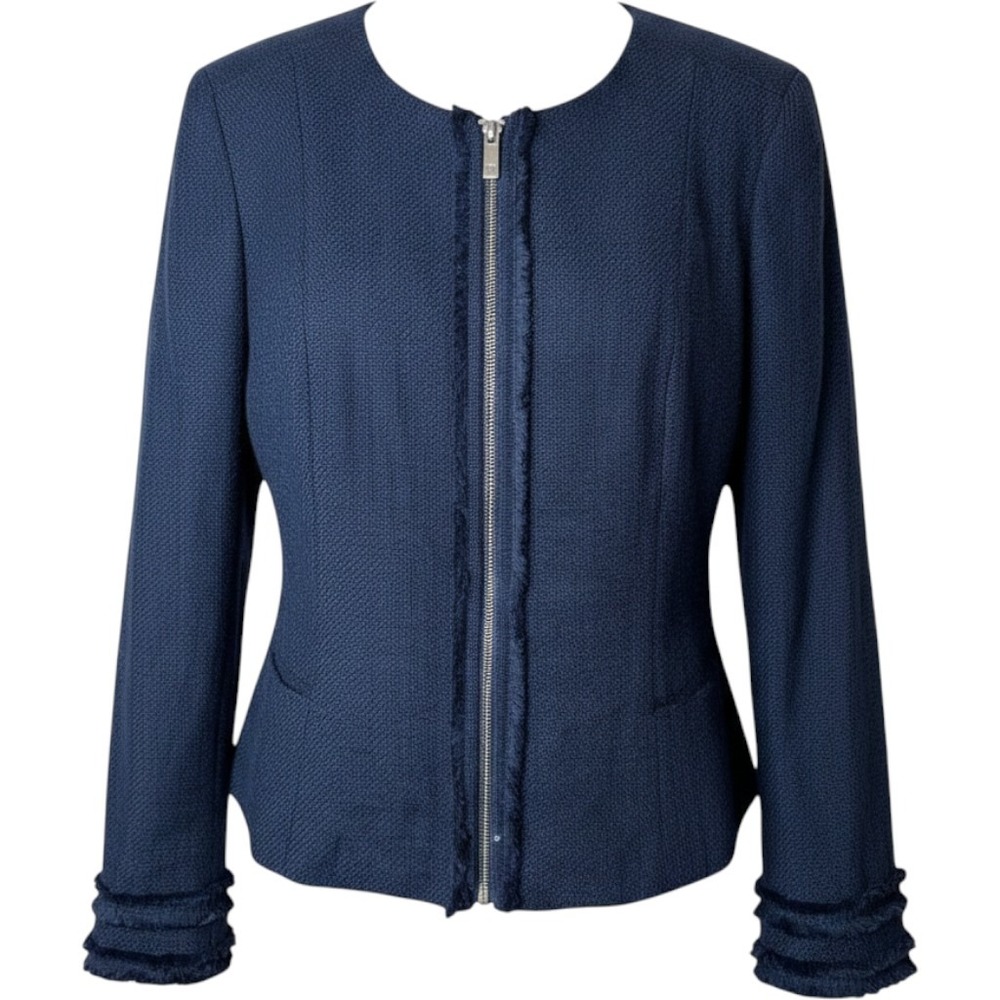 Premise Navy Blue Frayed Tweed Zip Up Jacket Blazer Size 14 NEW Corporate Chic